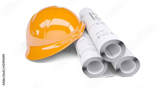 Illustration: Rolls of architectural drawings and orange construction helmet Rolls of architectural drawings and orange construction helmet
