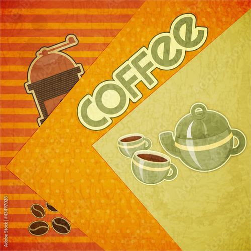 Vector: coffee cups, coffee pot, coffee mill and coffee beans coffee cups, coffee pot, coffee mill and coffee beans