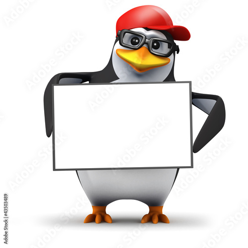 Illustration: 3d Penguin in baseball hat holds blank sign 3d Penguin in baseball hat holds blank sign