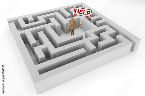 Illustration: Wooden dummy with Help sign Wooden dummy with Help sign