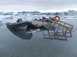 Safety boat next to ice glacier