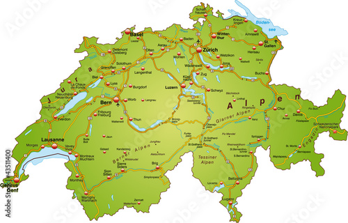 Vector: Landkarte der Schweiz mit Autobahnen Landkarte der Schweiz mit Autobahnen