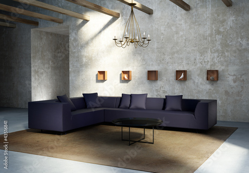 Illustration: Vintage concrete grungy wall, modern interior, purple sofa, rug Vintage concrete grungy wall, modern interior, purple sofa, rug