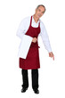 Wine waiter pointing down at copy space