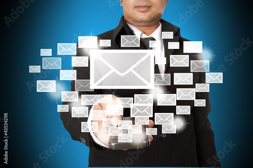 Illustration: Business hand hold Touch screen mobile phone and buttons e-mail Business hand hold Touch screen mobile phone and buttons e-mail