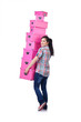 Girl with stack of giftboxes on white