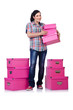 Girl with stack of giftboxes on white
