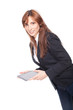 woman holding a portable computer and smiling