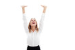 Pretty young woman with arms raised isolated