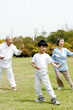 A boy practicing tai chi with his grandparents in the park