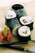 Sushi with wasabi and soy sauce