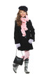 A little beautiful girl is in autumn clothes on a white 