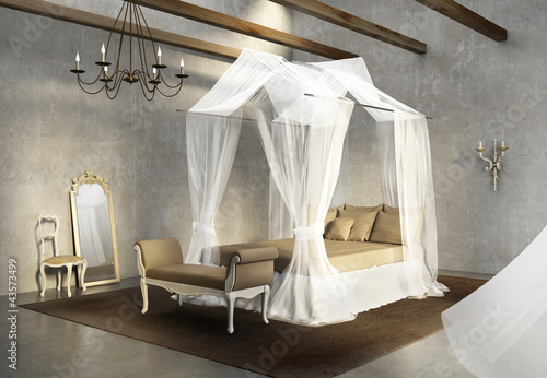 Illustration: Vintage concrete grungy wall, antique, luxury romantic bedroom Vintage concrete grungy wall, antique, luxury romantic bedroom