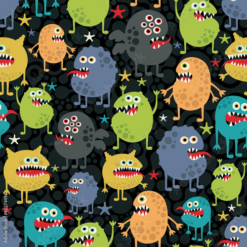 Vector: Cute monsters seamless texture with stars. Cute monsters seamless texture with stars.