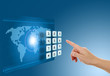Hand pushing touch screen button with blue background with map