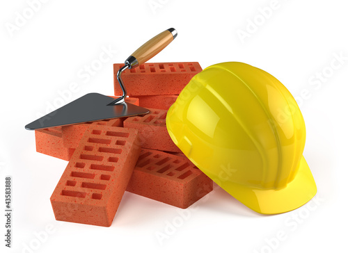 Illustration: Trowel, Bricks and Construction helmet Trowel, Bricks and Construction helmet