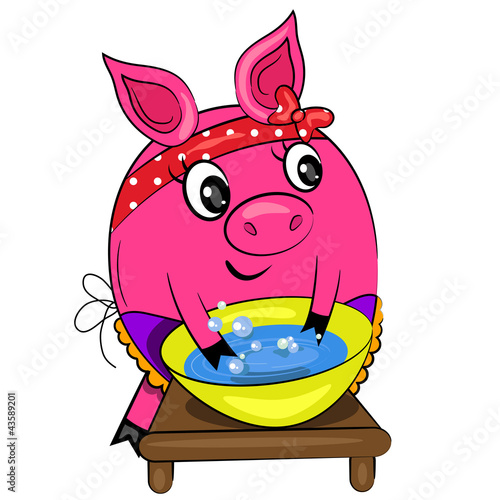 Vector: cartoon pig washing. housewife in kitchen painting cartoon pig washing. housewife in kitchen painting