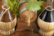 Foto: In oak casks with vines and grapes white and black In oak casks with vines and grapes white and black