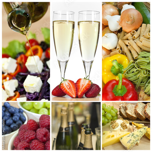 Foto: Food & Drink Montage Salad Fruits Pasta Cheese Champagne Food & Drink Montage Salad Fruits Pasta Cheese Champagne