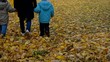 Grandmother and grandsons walking over leaves