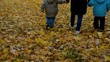 Grandmother and grandsons walking over leaves