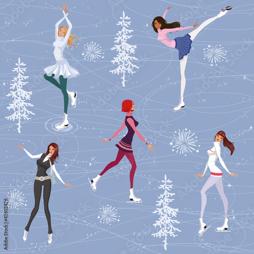 Vector: Seamless pattern with pretty girls skating on ice Seamless pattern with pretty girls skating on ice
