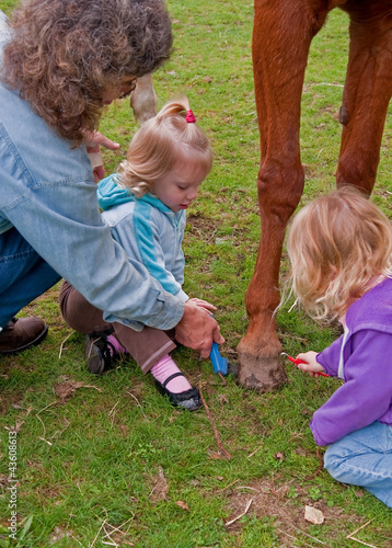 Photo: Toddler Girls Learn Horse Foot Care Toddler Girls Learn Horse Foot Care