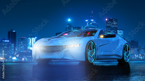 Illustration: Futuristisches Elektromobil bei Nacht 3D Futuristisches Elektromobil bei Nacht 3D