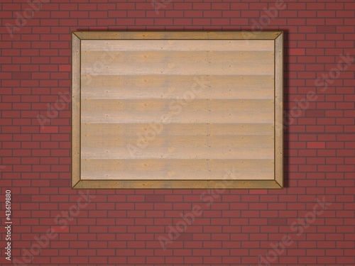 Illustration: Holztafel an Ziegelwand Holztafel an Ziegelwand