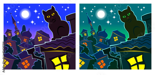 Vector: Blue night, cat, roof Blue night, cat, roof