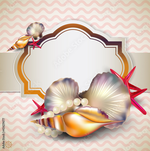 Vektor: Holiday banner with shells and starfishes and place for text. Re Holiday banner with shells and starfishes and place for text. Re