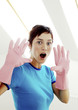 Woman with gloves in shock