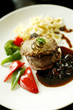 Rib of beef with farfalle and vegetables