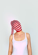 crazy woman with a sock on her head