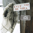 Furry vest hanging on a signboard