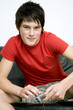 Boy playing video game console