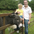 Man and boy playing with donkey in the farm