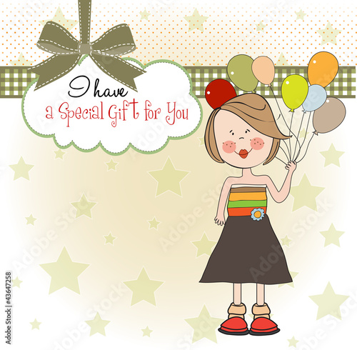 Vektor: Funny girl with balloon, birthday greeting card Funny girl with balloon, birthday greeting card