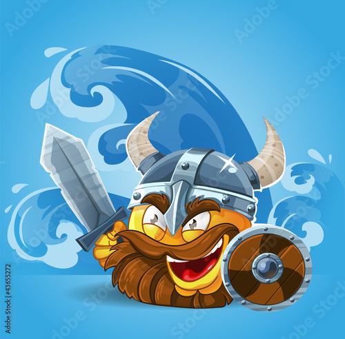 Vector: Smile Viking in helmet with sword and shield Smile Viking in helmet with sword and shield
