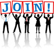 Business people hold up Join signs