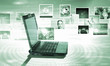 Notebook against colour background with images