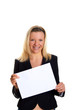 young blond business woman with white card - copy space