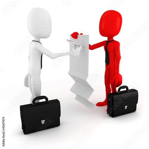 Illustration: 3d man business man signing on a blank document 3d man business man signing on a blank document