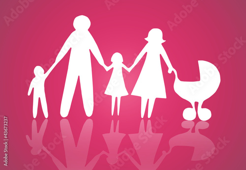 Illustration: Closeup of paper family on pink background Closeup of paper family on pink background