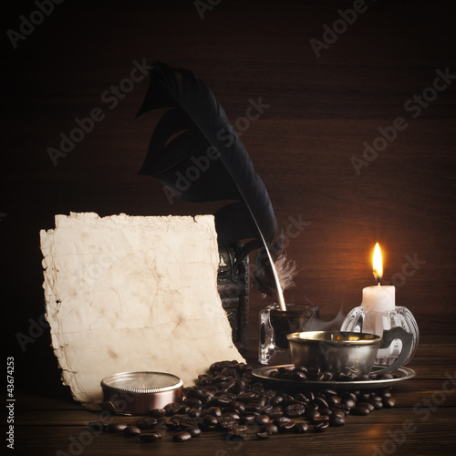 Photo: grains and cup of coffee with a candle grains and cup of coffee with a candle
