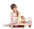 child girl feeding and playing kitten cat