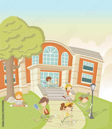 Vector: Teenager students in front of school with tablets, cellphones Teenager students in front of school with tablets, cellphones