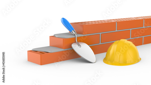 Illustration: trowel, helmet and brick trowel, helmet and brick