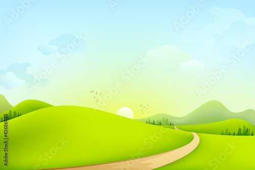 Vektor: vector illustration of green landscape of sunny morning vector illustration of green landscape of sunny morning