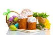 Beautiful Easter cakes, colorful eggs in basket and